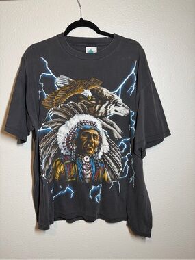 Vintage 90’s American Thunder Native Eagle lightning T-Shirt men’s XL worn black